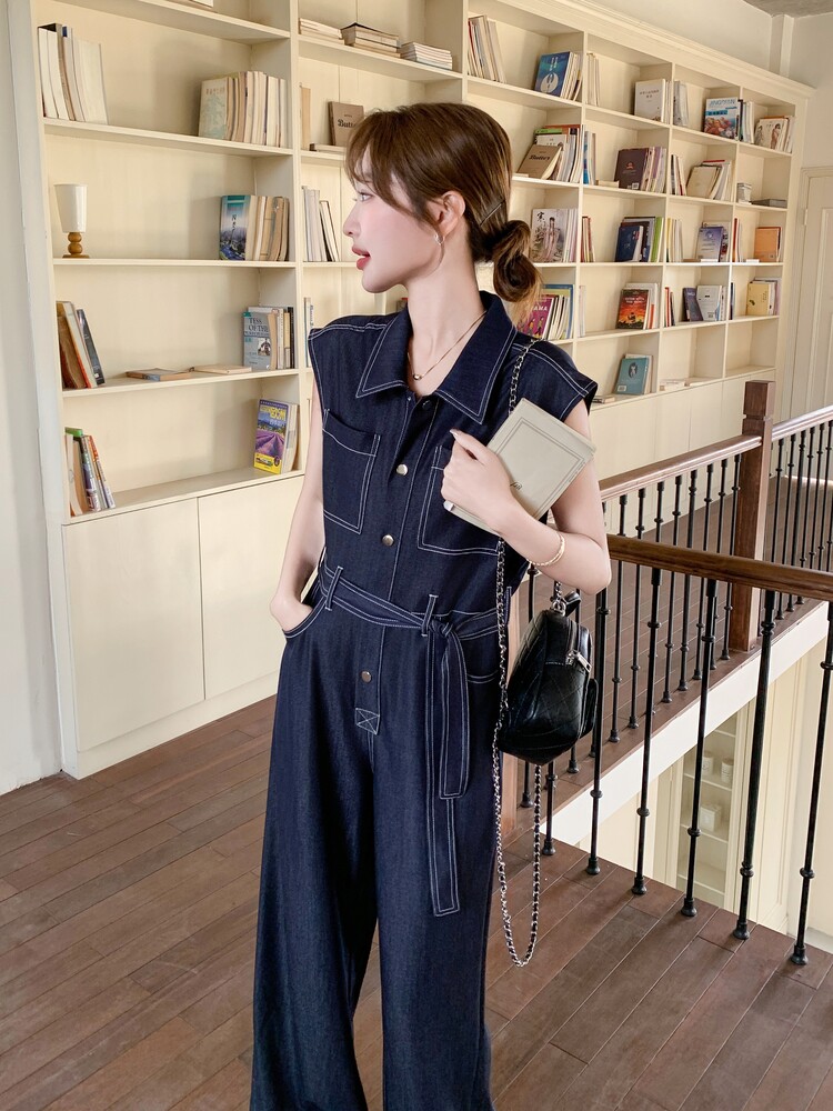 港风复古深蓝色无袖牛仔连体裤女2026夏气质显瘦高腰工装风连衣裤,女装连体裤,印象茜