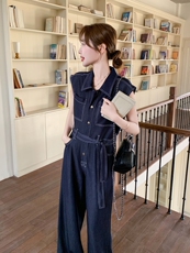 港风复古深蓝色无袖牛仔连体裤女2025夏气质显瘦高腰工装风连衣裤，女装连体裤，印象茜