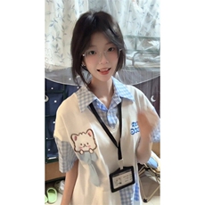 【有货】BK934CC-特P39学院风小狗刺绣假两件POLO领短袖T恤男女，男装T恤，星座1007（原301D）