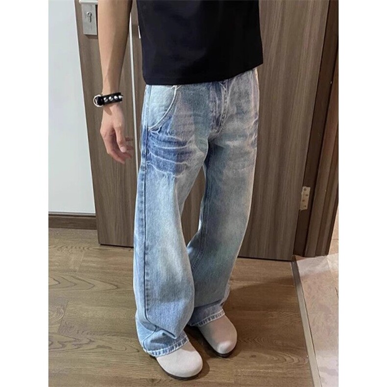 冰蓝色水洗闪电纹牛仔裤男款美式高街vibe裤子cleanfit弯刀微喇裤,男装牛仔裤,星座1007（原301D）