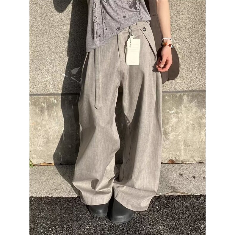灰色阔腿卫裤女春秋2025新款高腰直筒垂感慵懒抽绳宽松休闲运动裤,男装休闲裤,星座506A