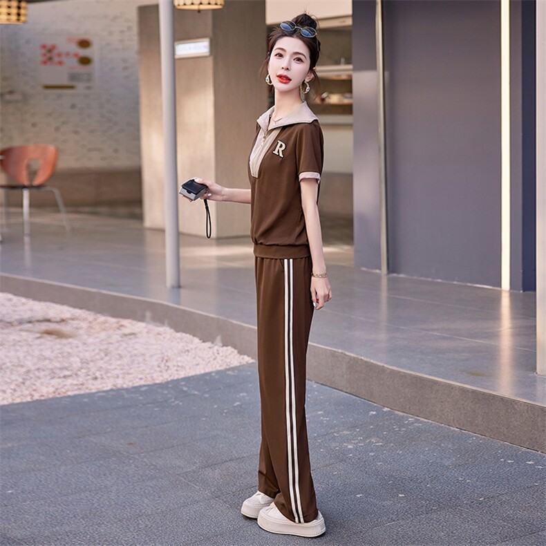 夏季女士运动服两件套短袖休闲时尚潮流拼接大码妈妈装显瘦套装,女装套装/套裙,依路服饰