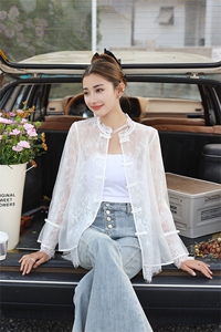 新中式夏天防晒衣女2025春夏新款盘扣欧根纱蕾丝性感显瘦短款外套图片