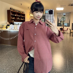 TC672-p45 美式复古腊肠小狗红色格子衬衫女春季2025图片