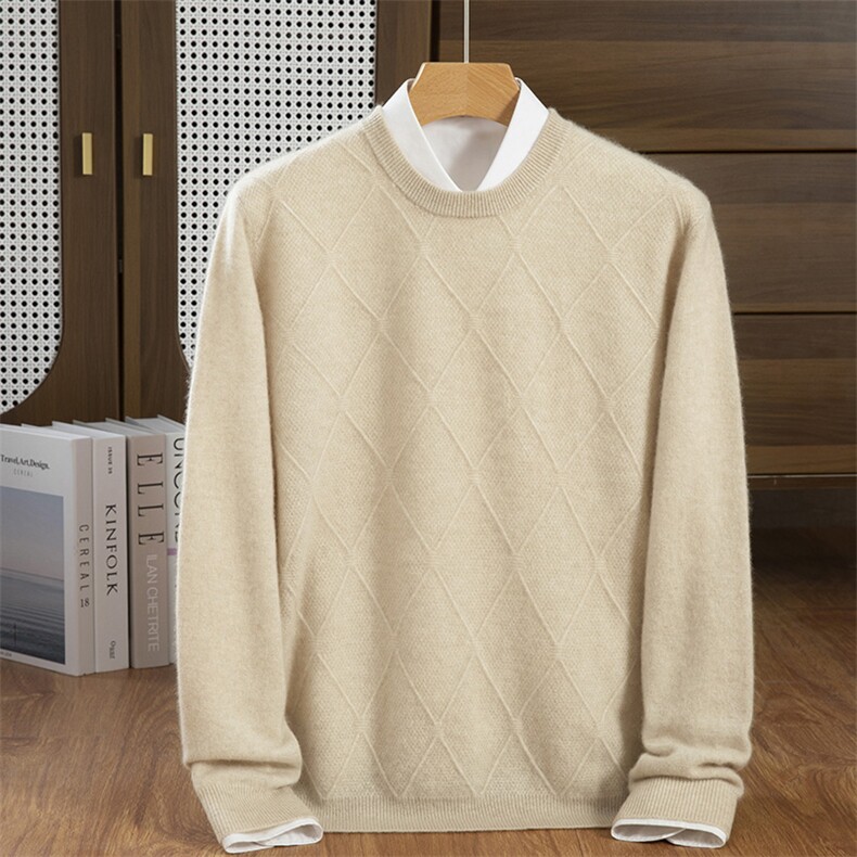 2025秋冬新款圆领套头纯羊毛针织衫男士商务休闲软糯加厚保暖毛衣，男装羊绒套衫，隆格羊绒