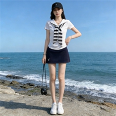 女夏时尚洋气套装裙修身减龄翻领设计感甜美蝴蝶结短袖短裙两件套，女装套装/套裙，江南
