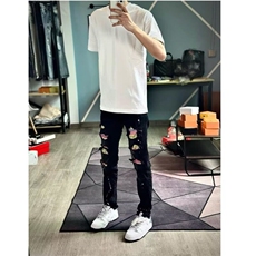 美式烫钻泼墨牛仔裤男士社会小伙水洗直筒休闲痞帅破洞裤长裤子潮，女装休闲裤，星座506A