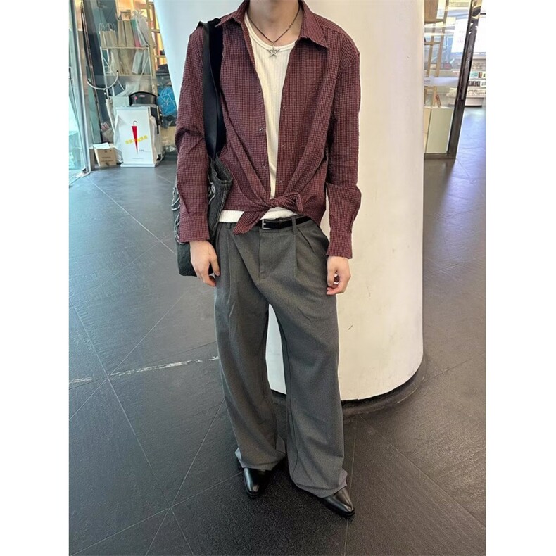 褶皱设计感豹纹衬衫男士ins大领垫肩长袖印花衬衣百搭上衣潮,男装衬衫,星座506A