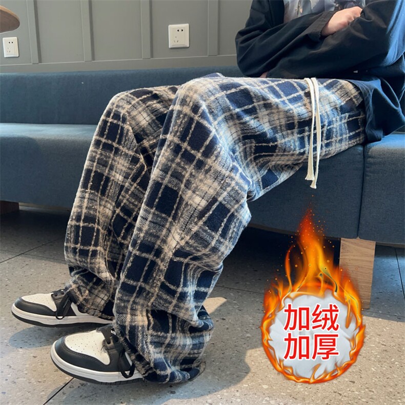 加绒加厚冬男休闲裤毛呢条纹格子休闲直筒长裤h923P45加绒P50,男装休闲裤,星座1013-1