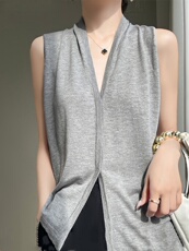 法式薄款V领针织短袖女宽松显瘦半袖背心T恤经典百搭无袖上衣外套，女装背心吊带，雪真羊绒