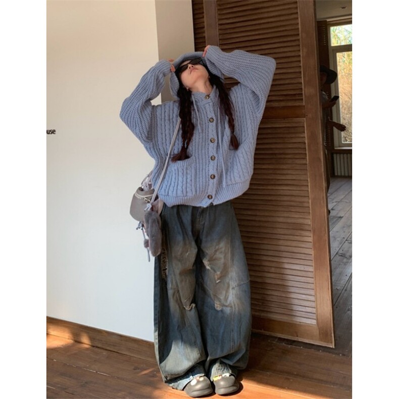 姣花纹麻花高克重连帽毛衣男女秋季慵懒针织开衫外套 MY418图片