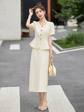2025夏季新款短袖女装通勤小香风时尚高端显瘦收腰职业套裙两件套，女装套装/套裙，布芭啦