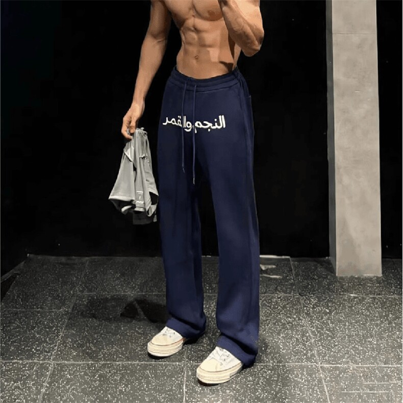 美式高街潮牌男女运动休闲裤直筒宽松慵懒显瘦印花休闲卫裤子图片