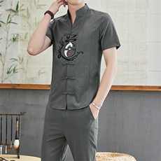 中国风休闲九分裤套装男夏季亚麻复古男装棉麻一套开衫TZ026-P50，男装T恤，星座509