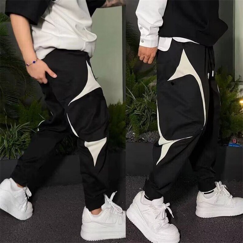 男裤2024春秋新款户外工装裤男士韩版潮流口袋拼接条纹痞帅哈伦裤，男装休闲裤，星座506A