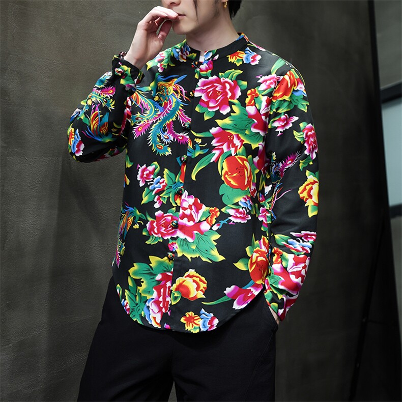 情侣款东北大花休闲长袖衬衫风立领盘扣印花衬衣31216,男装衬衫,星座305A（原312A-1）