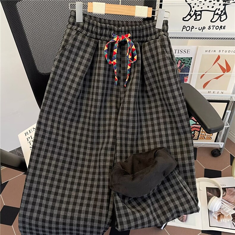 加绒黑白格子裤男秋冬街头潮牌宽松青少年直筒2812P43加绒p50,男装卫衣,星座410-2