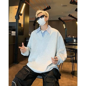 美式简约复古假两件衬衫领卫衣男春季宽松休闲学院风长袖上衣图片