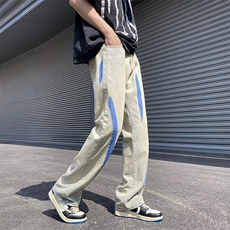 街头宽松黄泥牛仔裤男女做旧水洗撞色分割高街破洞直筒裤子潮，男装牛仔裤，星座716-4