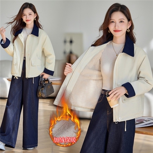时尚撞色翻领加绒派克服外套女2025秋冬新款宽松显瘦休闲百搭棉服图片