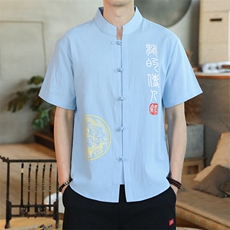 新中式风男短袖盘扣唐装印花棉麻衬衫寸衣C143P33，男装衬衫，电商A056