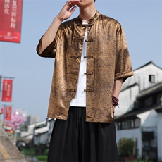 新中式大码七分袖衬衫2025夏季新款男立领大码盘扣上衣CS2461-P60，男装衬衫，电商A008