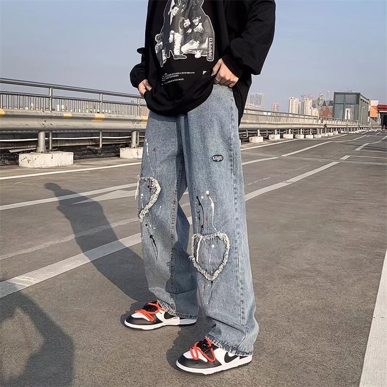 美式高街复古男嘻哈泼墨爱心贴布牛仔裤P33图片