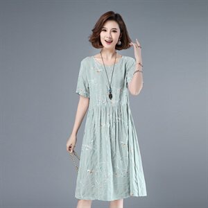 2021年夏季通勤中长款A字裙立体装饰短袖韩版40-49周岁裙子图片