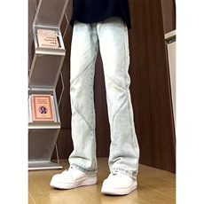 美式高街设计感拼接牛仔裤男潮牌宽松水洗做旧阔腿裤K505批60控78，男装牛仔裤，星座218-5