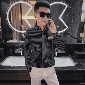 秋季条纹弹力长袖修身衬衫社会小伙休闲潮男衬衣C301B-CS06特图片