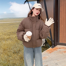 韩版咖色格纹短款羽绒服女2025年冬季新款显瘦保暖立领白鸭绒外套，女装羽绒服，2C309