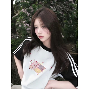 抖音得物品质二开240克宽松纯棉美式潮牌插肩三杠织带短袖T恤图片