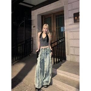 美式复古做旧水洗牛仔裤子女慵懒风春秋流苏毛边拖地裤 N7796图片