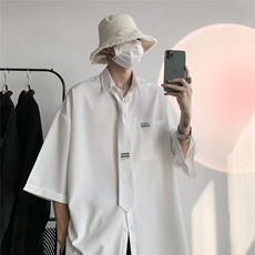 衬衫纯色配领带文艺潮流夏季潮新款男方领七分袖青春流行宽松型，男装衬衫，星座1210-1