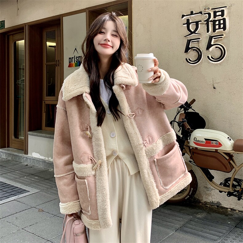 甜美粉色麂皮绒皮毛一体羊羔毛外套女秋冬2025新款时髦温柔风棉服,女装短外套,2B156