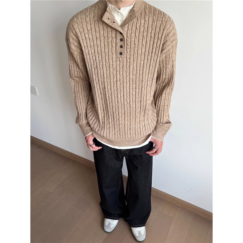 秋季新款竖条纹毛衣男日系高级感宽松休闲长袖衬衣潮SW5342,男装针织衫/毛衣,星座516A