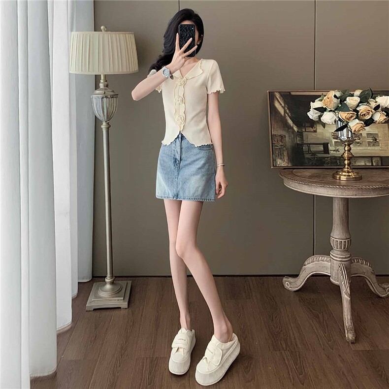 时尚气质套装女夏季新款修身显瘦立体花朵短袖上衣牛仔短裙两件套,女装套装/套裙,江南