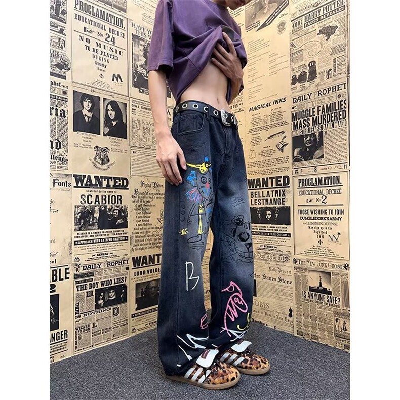 美式高街手绘涂鸦牛仔裤男款秋冬小众设计感裤子直筒修身微喇长裤，男装牛仔裤，星座410-6（原星座1304-1）