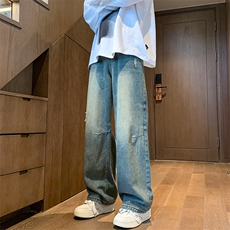潮复古星星印花牛仔裤男春秋美式高街显瘦直筒阔腿裤，男装牛仔裤，星座716-2