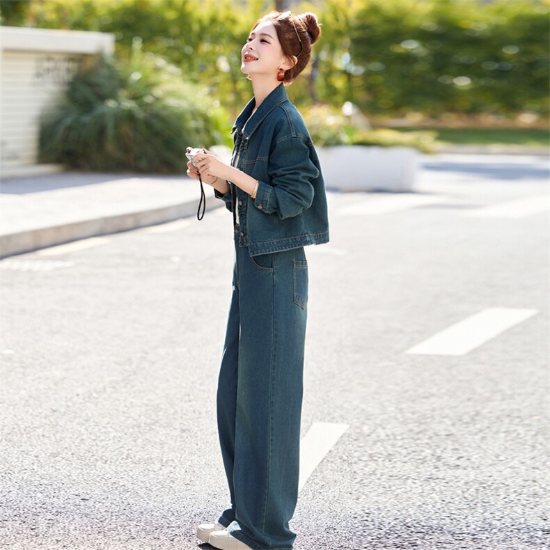 新中式牛仔套装女2025春新款超好看独特漂亮超火减龄阔腿裤两件套,女装套装/套裙,欣品汇
