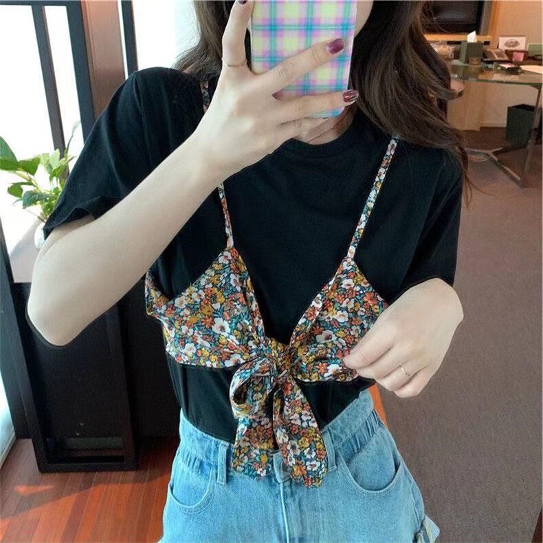 心机碎花假两件短袖t袖,女装其它,喜午