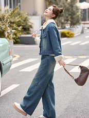 新中式羽绒牛仔时尚套装女2024冬季爆款小个子连帽休闲卫衣三件套，女装套装/套裙，欣品汇