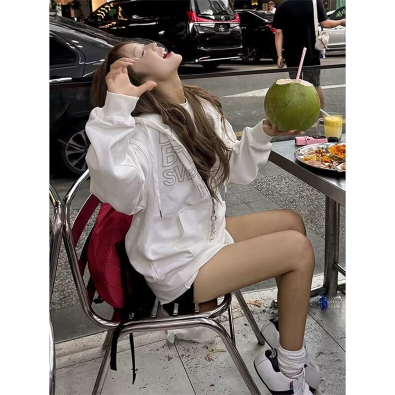 白色开衫卫衣男女2025秋季新款宽松外套高街设计感印花上衣,女装短外套,星座506A