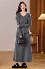 2025韩系氛围感穿搭套装v领不规则下摆针织套裙气质优雅两件套，女装羊毛衫，艾米