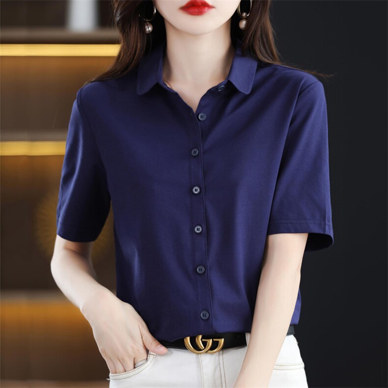 25夏季新款桑蚕丝光棉Polo领衬衫女短袖t恤新款半袖纯棉衬衣上衣,女装T恤,臻维羊绒