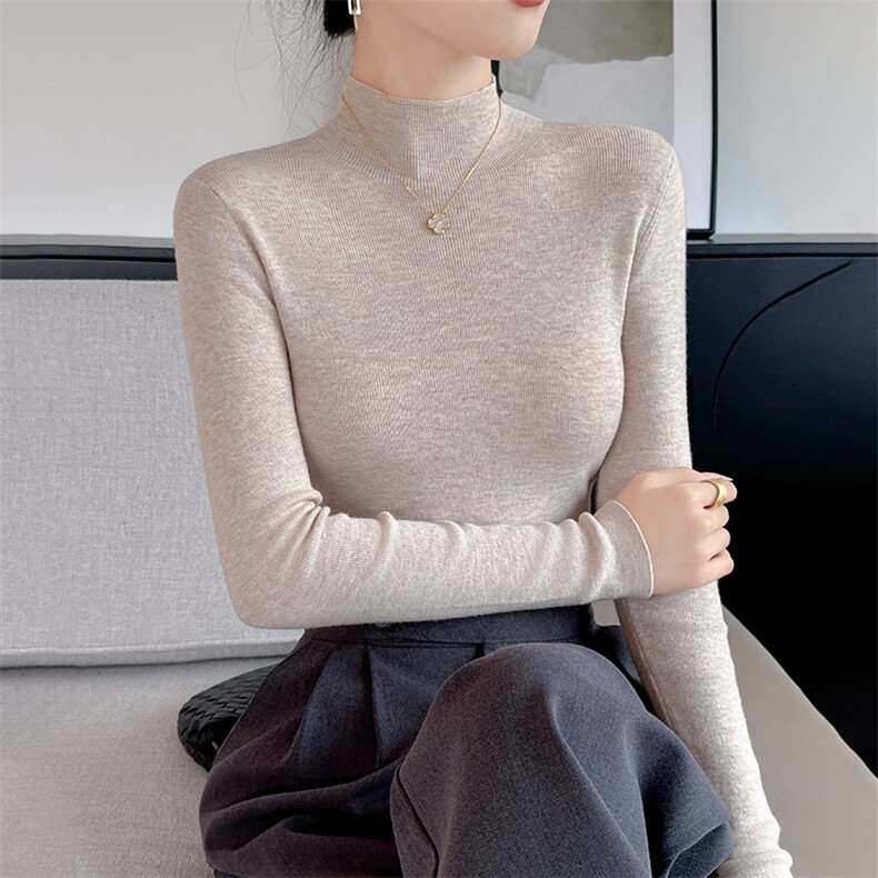 半高领毛衣女慵懒秋冬修身针织新款长袖内搭套头打底衫,女装羊毛衫,朝思羊绒