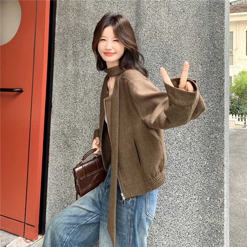 可盐可甜复古圆领外套女2025秋季新款韩版休闲显瘦小个子短款夹克,女装短外套,2C239