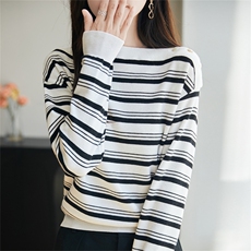 法式一字肩条纹针织衫女2025新款长袖保暖打底毛衣洋气露肩毛衫潮，女装针织衫/毛衣，菲奥羊绒