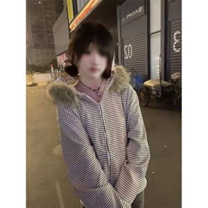 自家爆图 毛领连帽卫衣外套韩系宽松设计感条纹上衣外套FNN01-P65图片