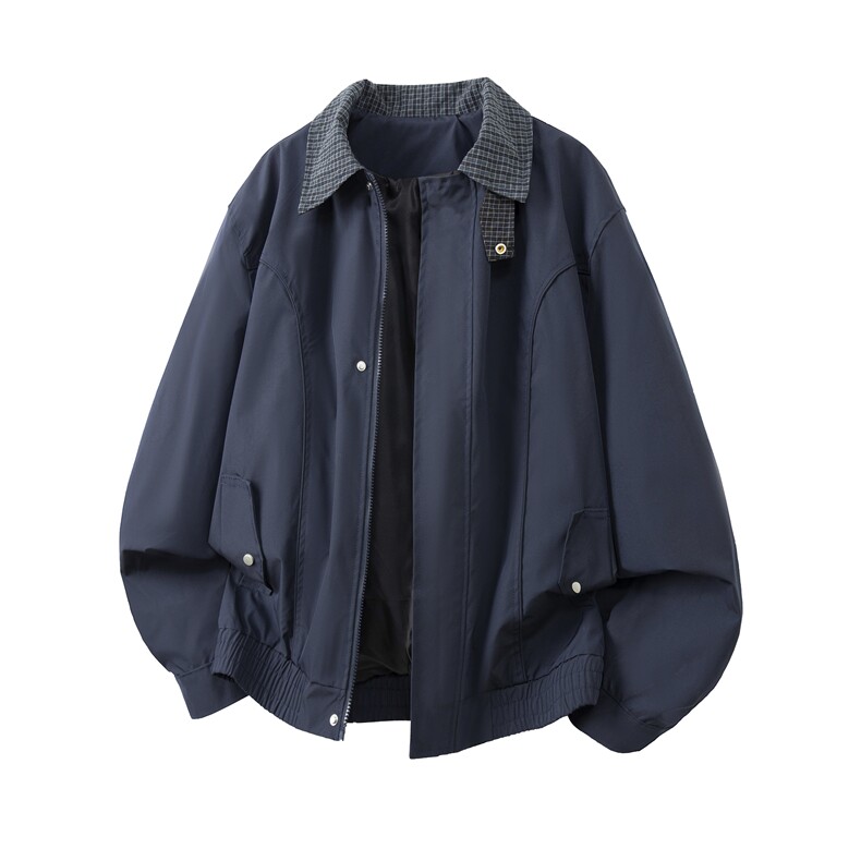 JK733-M-3XL-特P52-美式复古哈灵顿夹克防风翻领撞色格子领外套,男装夹克,星座1811B
